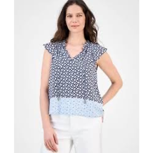 Nautica Jeans Women's Tile-Print Linen-Blend Blouse SIZE SMALL