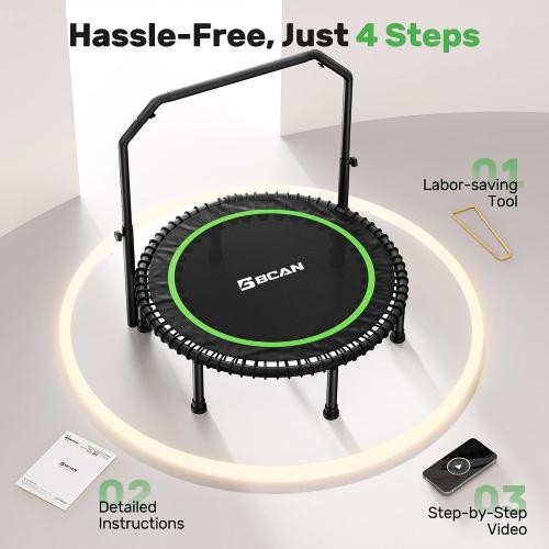 BCAN 450/550LBS Mini Rebounder Trampoline for Adults with Bar, Fitness Trampoline with Bungees, Adjustable Handle, Stable & Quiet, Indoor Outdoor, Whole-Body Workout & Relaxation at Home-40IN/48IN