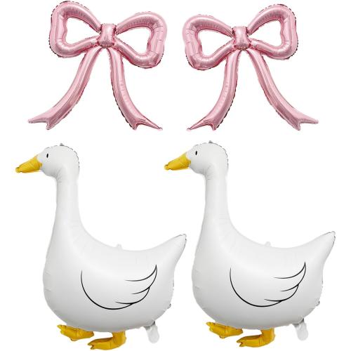 4PCS One Silly Goose Balloons and Pink Bows – White Goose Pinl Bow Foil Balloons for One Silly Goose Birthday Decorations, Coquette Bow Baby Girl Party Decor, Gingham Farm Baby Shower Supplies