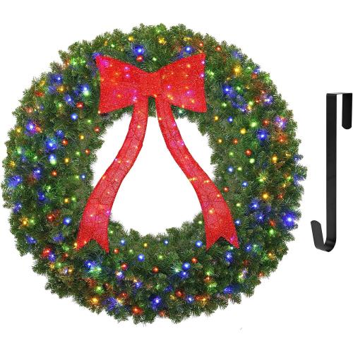 VINCONLIDY 48in Prelit Christmas Wreath - Large Outdoor Christmas Wreath with Lighted Red Christmas Bow, Metal Hook, 714 Branch Tips & 250 Multicolor LED Lights for Front Door Window Holidy Decor