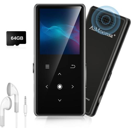 64GB MP3 Player with Bluetooth 5.2, AiMoonsa Music Player with Built-in HD Speaker, FM Radio, Voice Recorder, HiFi Sound, E-Book, Earphones Included