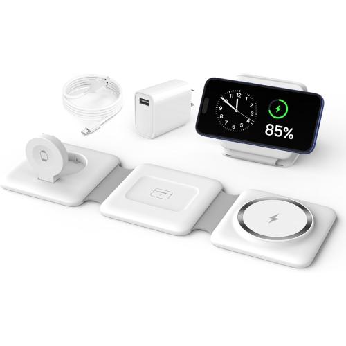 Charging Station for Apple Multiple Devices - 3 in 1 Foldable Magnetic Wireless Charger Dock - Travel Charging Pad for iPhone 16 15 14 13 12 Pro Max Plus Watch & Airpods