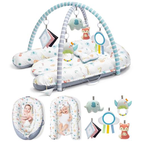 Baby Play Mat, 7-in-1 Infant Gym Mat for Sensory and Motor Development, Washable & Portable Newborn Tummy Time Activity Mat for Home & Travel, Babies Gift for 0-3-6-9-12-18 Months