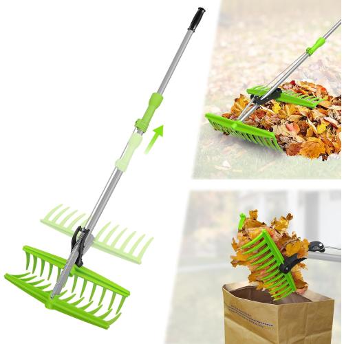2-in-1 Leaf Grabber Rake, Back Saving Leaf Collector Tool with Long Handle, Efficient Leaf Picker Upper Grabber, Leaves Pickup Shovel for Lawns Yard Work Gardening