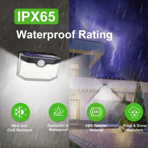 HMCITY 120 LED Outdoor Solar Lights with Motion Sensor and 3 Lighting Modes, IP65 Waterproof Wide Solar Wall Lights Ideal for Garden Patio Yard (Front Button 6Packs, Black Shell-Daylight White)