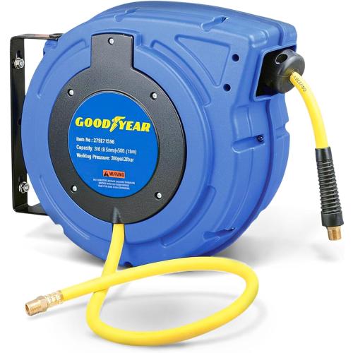 Goodyear Air Hose Reel Retractable 3/8 Inch x 50' Foot Hybrid Polymer Hose Max 300PSI Commerical Polypropylene Construction