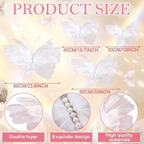 Yinder 4 Pcs Big Butterfly Decorations, Giant 3D Iridescent White
