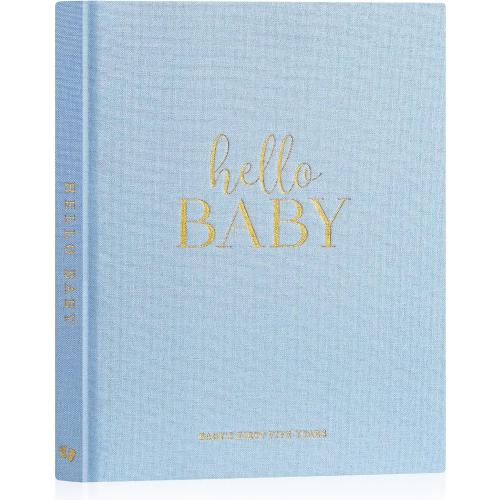 Lanpn Hello Baby First 5 Year Memory Book for Boy Girl - Linen Hardcover Keepsake for New Parents - Newborn Journal Scrapbook Photo Album Milestone Book (Blue, 154 Pages)