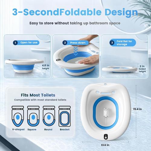 RUGUO Electric Sitz Bath for Toilet Seat, Unisex Sitz Bath Soak Tub, Sits Bath Kit for Women, for Soothes Hemorrhoids & Postpartum Care, Automatic Flushing - Blue