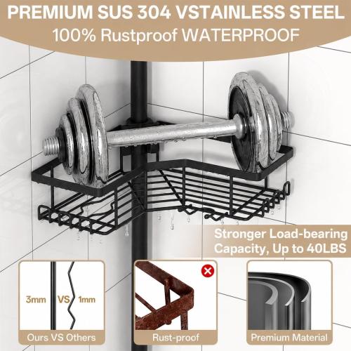 DTUQYX Corner Shower Caddy Tension Pole, 4-Tier Adjustable 43.5-120 Inch Rustproof Bathroom Organizer, L-Shaped Metal Shelf with Soap Toothbrush Holder & Upside-Down Bottle Slots for Home Apartment RV