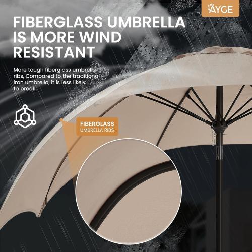 Ayge 9 FT Patio Umbrella Outdoor Table Umbrella Fiberglass Frame Beige | 9 FT fiberglass frame, crank & tilt, 8 ribs, 180G UV50  canopy. Wind fade resistant. Suitable for patio, deck, pool, garden.