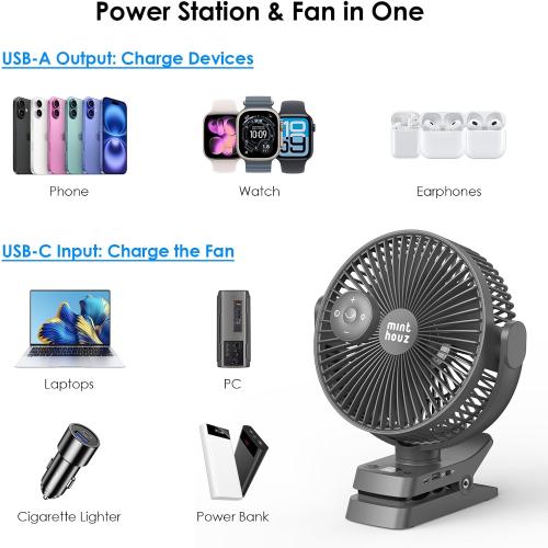 Minthouz 8'' portable Clip on Fan Rechargeable, 12000mAh USB Desk Fan,Black