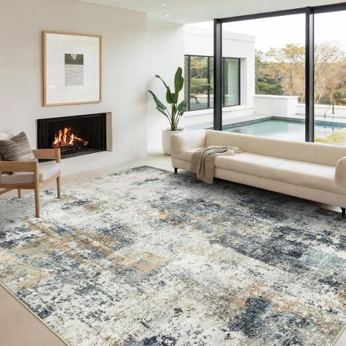 Washable Area Rugs for Living Room 9x12 - Large Neutral Modern Abstract Rug, Soft Low Pile Carpet with Non Slip Backing for Under Dining Room Table, Bedroom, Home, Office, Dorm - Green Yellow