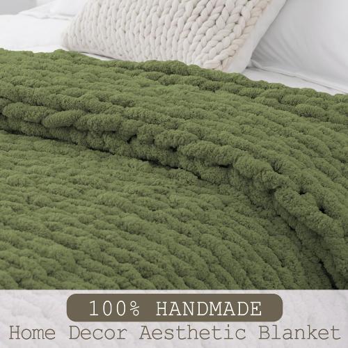 Size Large Color Green Chunky Knit Throw Blanket , 100% Handmade with Soft Chenille Yarn, 4.4lbs Thick Cable Knitted Blankets, Large Rope Knot Crochet Throws for Couch Sofa Bed Home Decor, Olive Green