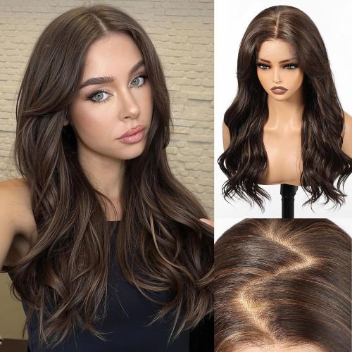 HAIRCUBE 13x6 HD Lace Front Wig Synthetic 22 Inch Dark Brown Highlight Long Wave Layered Glueless Wig for Women, Natural Look Daily Wear