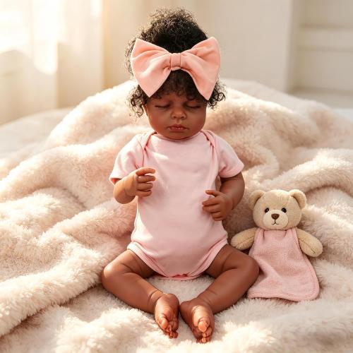 18 Inch Realistic Black Reborn Baby Doll Closed Eyes – Lifelike African American Sleeping Baby Doll with Hand-Rooted Curly Hair & Soft Cloth Body, Realistic Newborn Gift for Kids and Collectors
