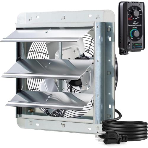 iLIVING 12 Wall Mounted Shutter Exhaust Fan, Automatic Shutter, with Thermostat and Variable Speed controller, 0.6A, 960 CFM, 1400 SQF Coverage Area Silver (ILG8SF12V-ST)