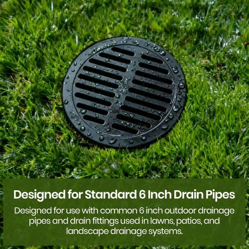 Calvana 4-Pack 6 Inch Round Drain Grate Cover for Yard Drainage, Plastic Outdoor Drain Cover for Lawn, Landscape and Patio, 6 Stormwater Drain Grate Replacement, Black
