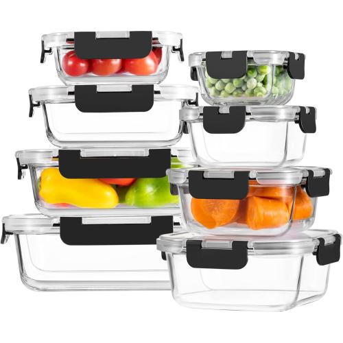 8 Pack Borosilicate Glass Food Storage Containers with Lids, Glass Meal Prep Containers, Airtight Bento Lunch Boxes with Snap Locks, Oven, Freezer and Dishwasher Safe, BPA Free, Kitchen Storage Set