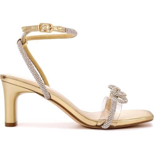 Size 11 Gold and Silver Athlefit Women's Rhinestone Bow Heels Clear Open Square Toe Block Heels Buckle Heeled Sandals for Party Wedding