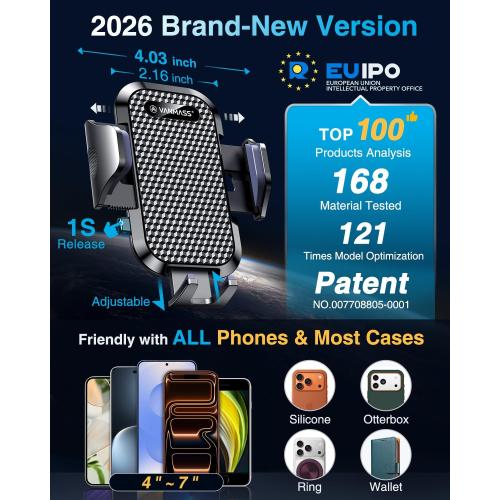 [True Military-Grade] Car Phone Holder VANMASS [Upgraded Strongest Suction&Clip] Cell Phone Mount for Dashboard Windshield Vent Kit, Truck Cradle Stand for iPhone 18 Pro Max 17 16 15 Android,Ink Black