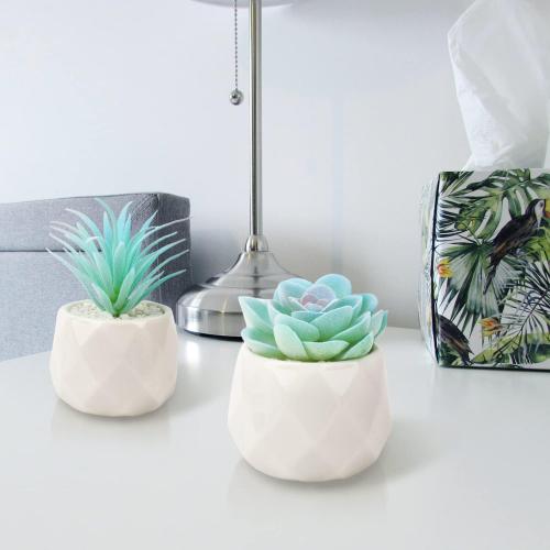 VIVERIE Mini Blue Artificial Succulent in Pots (White Ceramic, 4 Pot Set) Fake Plants for Indoors, Office Decor Blue Gift for Women, Office Home Decor Gifts-Faux Plant