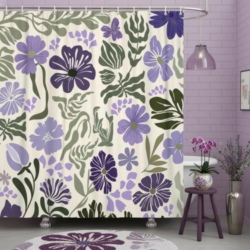 Boho Floral Botanical Shower Curtain, Cute Purple Abstract Mid Century Morden Flowers Leaves Plant Bathroom Curtain, Spring Summer Retro Funky Aesthetic Bathroom Decor Shower Cutain Sets, 70X70IN