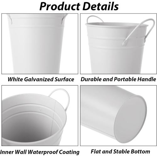 MIVIDE 6 Pack White Flower Buckets, 9.8 Inch Galvanized Metal Vases for Flowers, Flower Bucket with Handles, Farmhouse Vases for Wedding, Balcony Garden, Home Decor