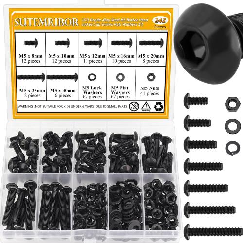 242 Pieces M5 Screws Nuts Washers Set Black, Sutemribor M5 x 8/10/12/16/20/25/30mm Button Head Socket Cap Screws Nuts Washers Assortment Kit, 10.9 Grade Alloy Steel, Fully Threaded