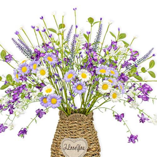 LLZLL Spring Decorations for Home 12 Pack Purple Spring Flowers 17 Inch Artificial Spring Floral Stems with Daisy and Berries for Spring Summer Farmhouse Ornaments