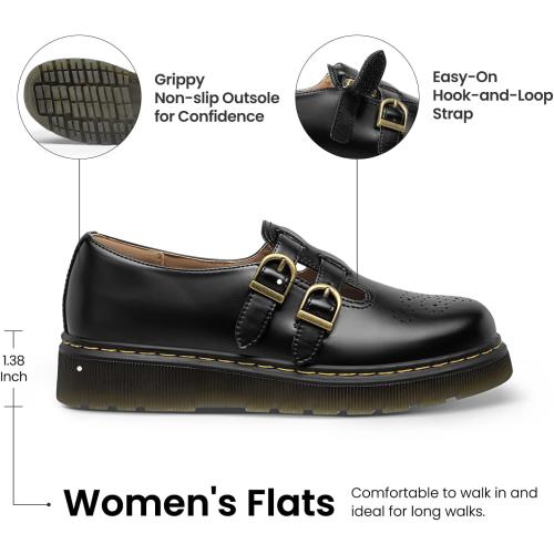 Athlefit Women's Mary Jane Flats Platform Round Toe Adjustable Dress Shoes (SIZE 8)