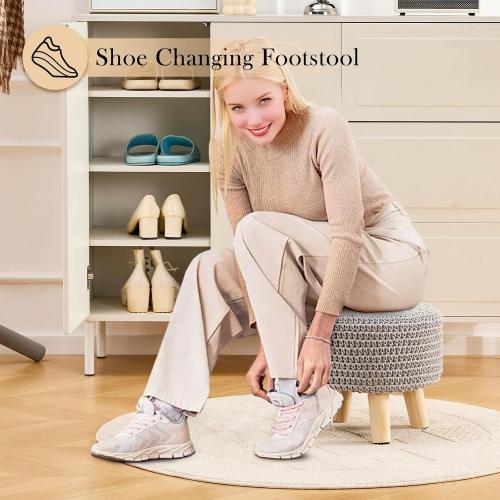 Boho Ottoman Foot Stool Cotton Knitted Round Pouf Ottoman Foot Rest Stool with Non-Skid Wooden Legs Step Stool Padded Seat for Living Room Gray