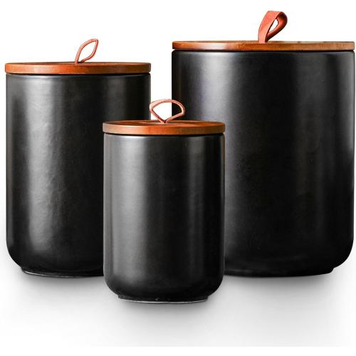 JOJUNO Black Ceramic Canister 3 Piece with Airtight Bamboo Lid