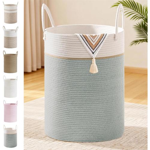100L Extra Large Tall Cotton Rope Laundry Basket with Handles, Sage Green