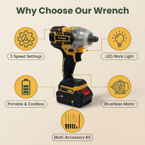 21V Brushless Impact Wrench Set, 1/2 Cordless Power Tool with 2 Lithium Ion Batteries, Charger, Sleeve Adapters and Accessories for Car Maintenance (2Highcapacity battery Toolbox)