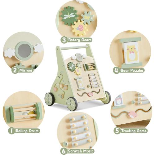 Beright Wooden Baby Walker Push and Pull Learning Activity Walker Kids’ Activity Toy Multiple Activities Center Develops Motor Skills & Stimulates Creativity(Green)