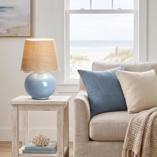 PARTPHONER Coastal Lamp, Small Ceramic Table Lamp, Light Blue Globe Base with Rattan Woven Shade, Rocker Switch Boho Bedside Lamp for Bedroom, Living Room, Kids Room, Bulb Included