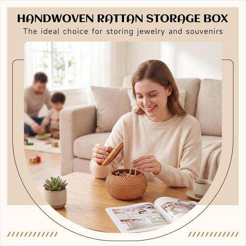 2 Pack Handwoven Round Rattan Storage Baskets with Lids, Small Decorative