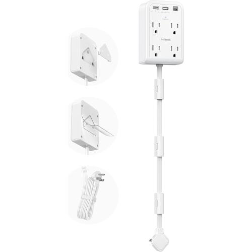 Short Power Strip 2FT - Flat Wall Extension Cord with 4AC Outlet and 3 USB Ports(1 Type C), Multi Plug Outlet Extender Small Surge Protector for Home Office Dorm, White
