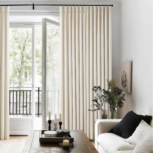 Cream Beige Linen Pinch Pleat Black Out Curtains 84 Inch Length 2 Panels
