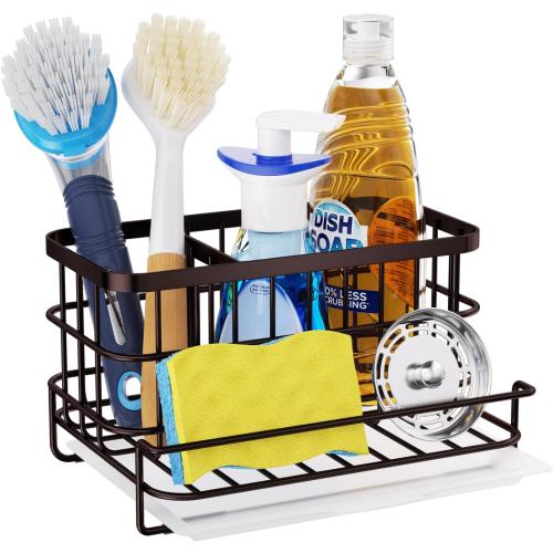 HapiRm Multifunctional Kitchen Sink Caddy with Removable Drain Tray, Quick Draining Rustproof Sink Organizer, Stainless Steel Kitchen Sponge Holder for Sponge, Cleaning Towel and Scrubber-Bronze