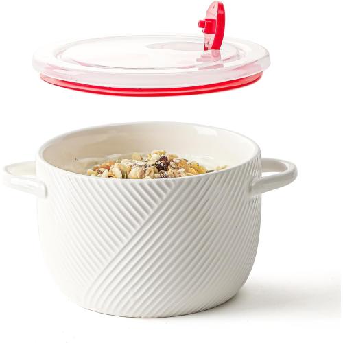 Ceramic Soup Bowl with Lid & Handle, Microwave Safe 32 oz, White