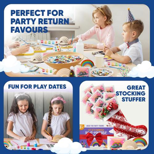 9 Rainbow Craft Kits for Kids - Wooden Paint Party Favors with Goodie Bags | Kids paint 9 wood rainbows in 6 pastel colors, then pack 9 goodie bags. Birthday party favors and rainbow crafts for ages 3