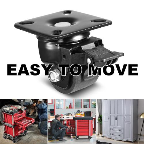 W B D WEIBIDA 2-inch Plate Swivel Caster Wheels Set of 4 Heavy Duty, Load Capacity 2200lbs, Low Gravity Center Black Extra Width Caster with Brake, Durable & Quiet & Sturdy Nylon Wheels for Industrial