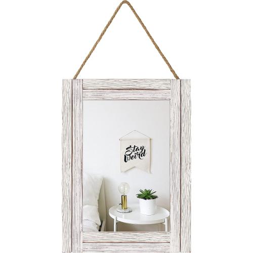 16 X 12 Inch Rustic Wood Framed Wall Mirror with Hanging Rope for Farmhouse Decor, for Entryway, Bedroom, Bathroom, Dresser, Wash White