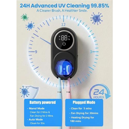 Toothbrush Sanitizer Holder, Wall-Mounted with Auto-Inductive Cover & 140°F Air Drying, Bathroom Organizer, Black
