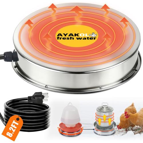 Chicken Water Heater Base for Winter,110W-15in,Suitable for Large Metal/Plastic Poultry Waterer Under 7 Gallons, with Automatic Temperature Control, Against Dry Heating and 8.2ft Power Cord