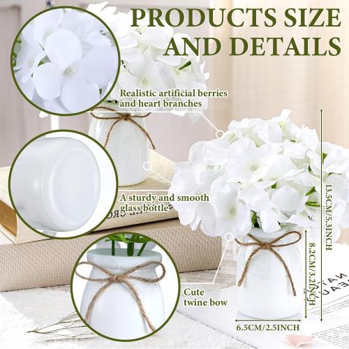 Geelin 2 Set Artificial Hydrangea Flowers with Glass Vase Faux Silk Hydrangeas Flowers Heads with Stems Floral Bouquets Vase Gifts for Home Wedding Baby Shower Centerpieces Table Decor(White)