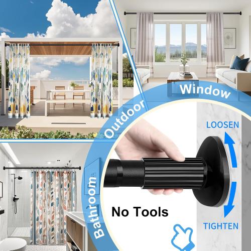 Tension Curtain Rod 51-126 Inch, Long Curtain Rod No Drilling for Window or Bathroom, Outdoor Curtain Rods for Patio Tension Rods, Easy to Install, Never Rust, Rod Diameter 1.26 Inches - Black