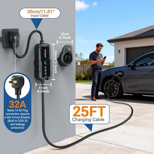 Level 2 EV Charger 32Amp with WiFi APP/Plug-Play, 240V NEMA 14-50P Plug, 25FT Cable with ETL Certified, Portable Electric Vehicle Charging Stations EVSE J1772 Connector (32)